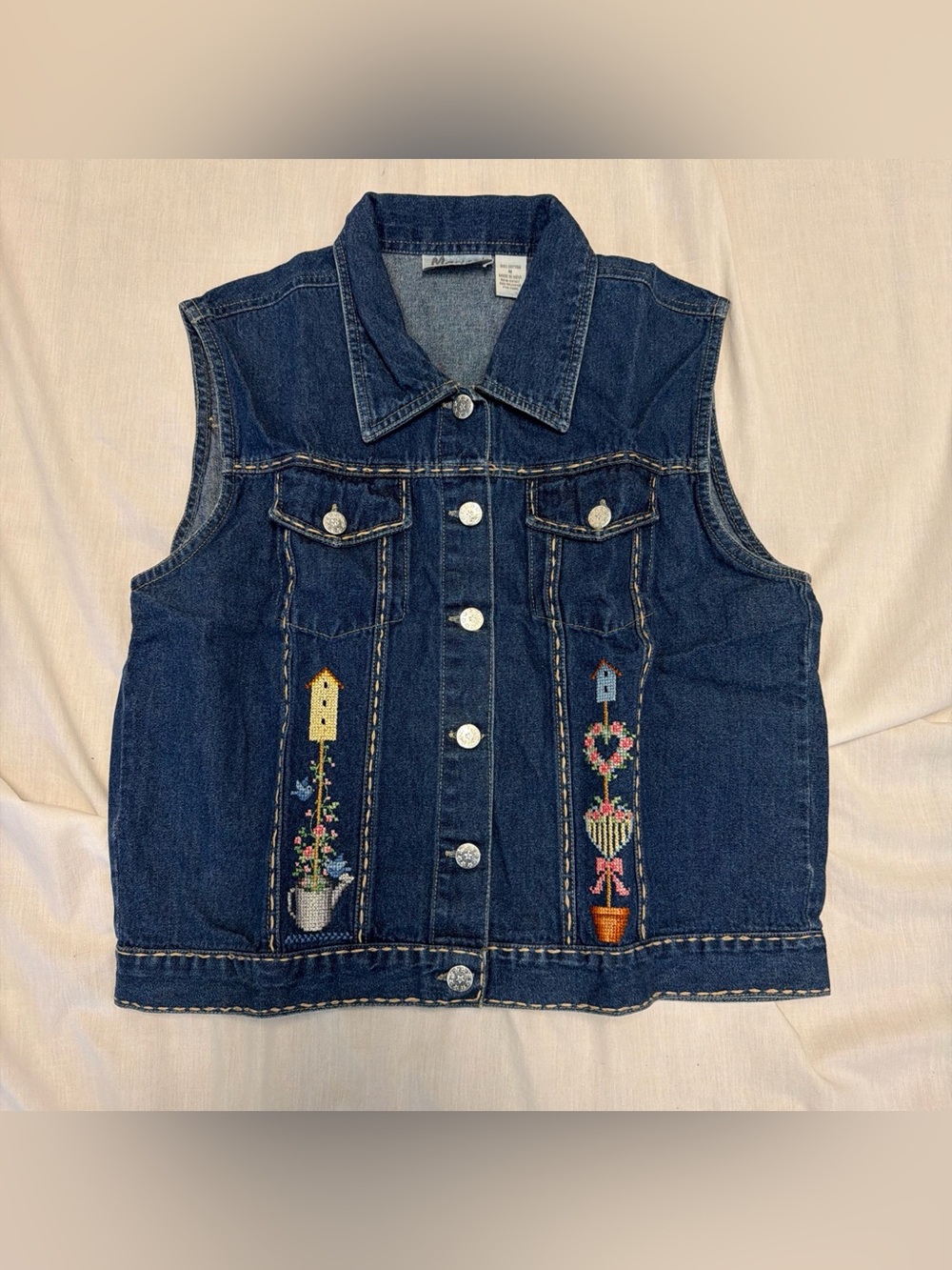 Women’s Denim cross - stitch Embroidered Button-Up Vest - Dark Blue